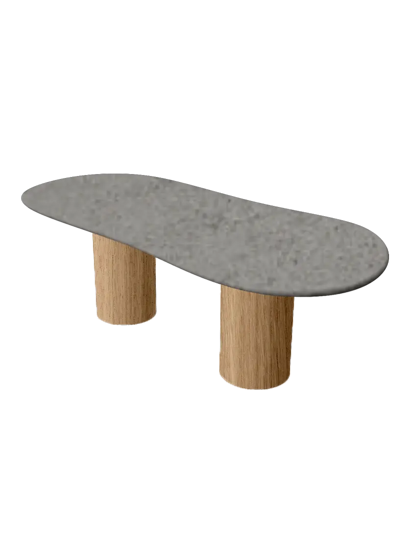 Table basse en béton ciré couleur Béton Clair avec pieds cylindriques en chêne – fabrication artisanale