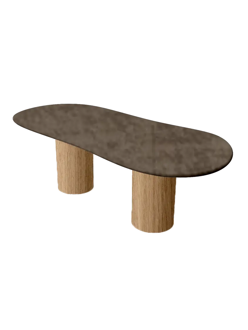 Table basse en béton ciré couleur chocolat avec pieds cylindriques en chêne – fabrication artisanale