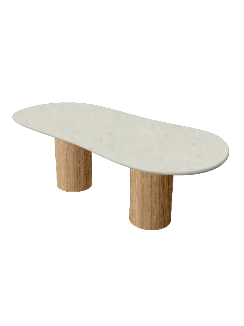 Table basse en béton ciré couleur lin avec pieds cylindriques en chêne – fabrication artisanale