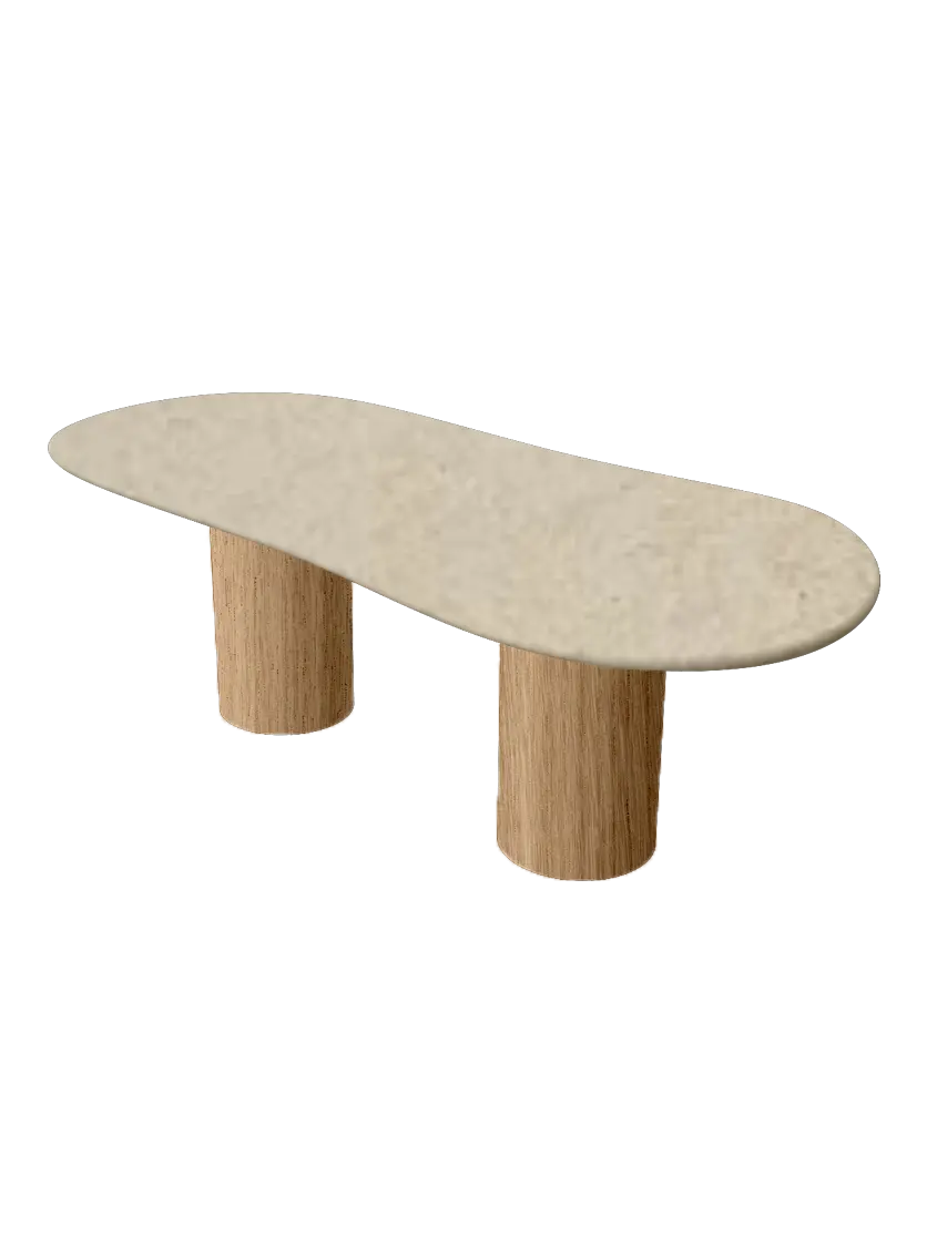 Table basse en béton ciré couleur sable avec pieds cylindriques en chêne – fabrication artisanale