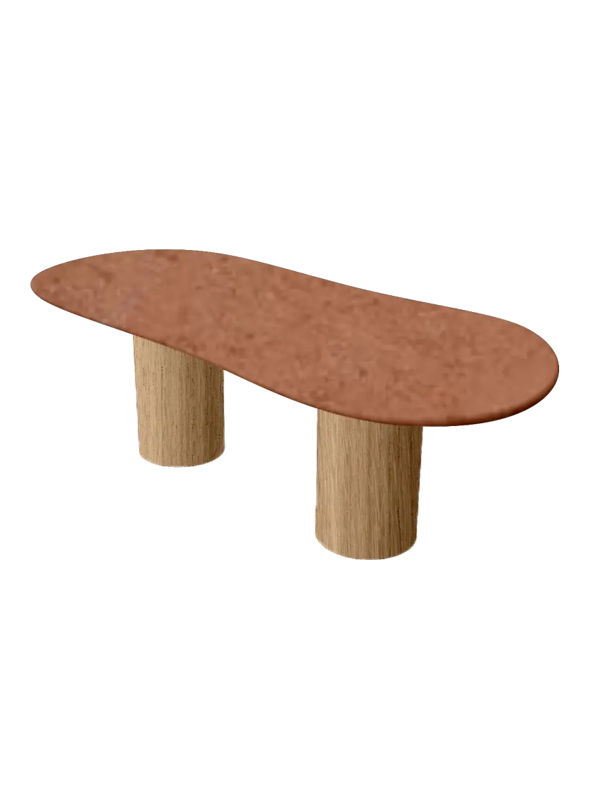 Table basse en béton ciré couleur Terra avec pieds cylindriques en chêne – fabrication artisanale